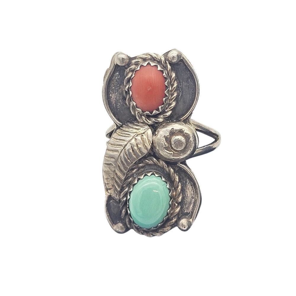 Vtg Zuni Native American Sterling Silver Turquoise & Coral Carol Kee Ring Size 5